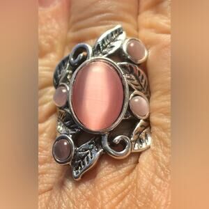 Pink moonstone ring, adjustable to fit most sizes, artisan crafted.